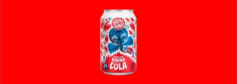 Organic Karma Cola can on a red background