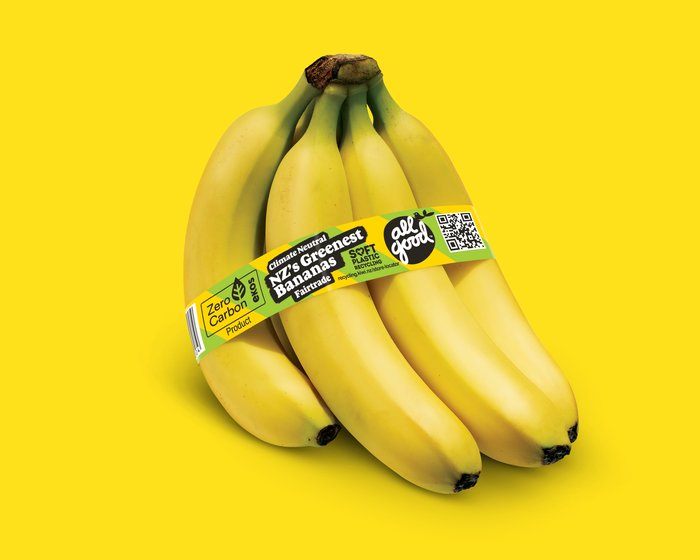 All Good Bananas bunch with wrap label