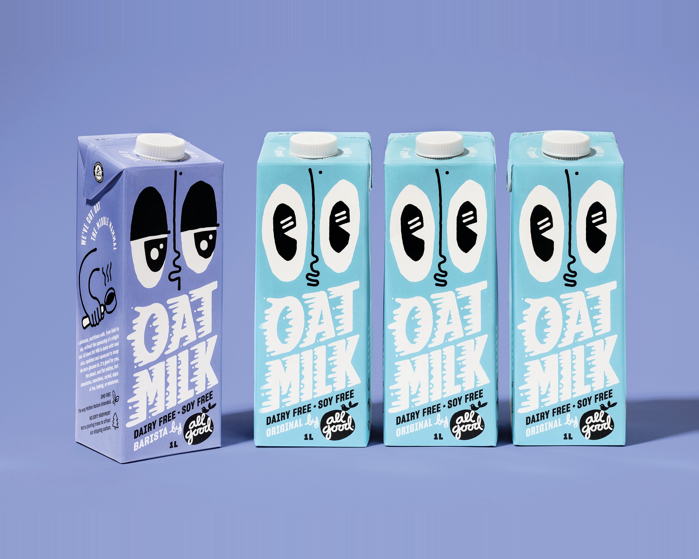 All Good Oat Milk — lineup of one purple Barista carton and three cyan Original cartons on a soft lavender ground