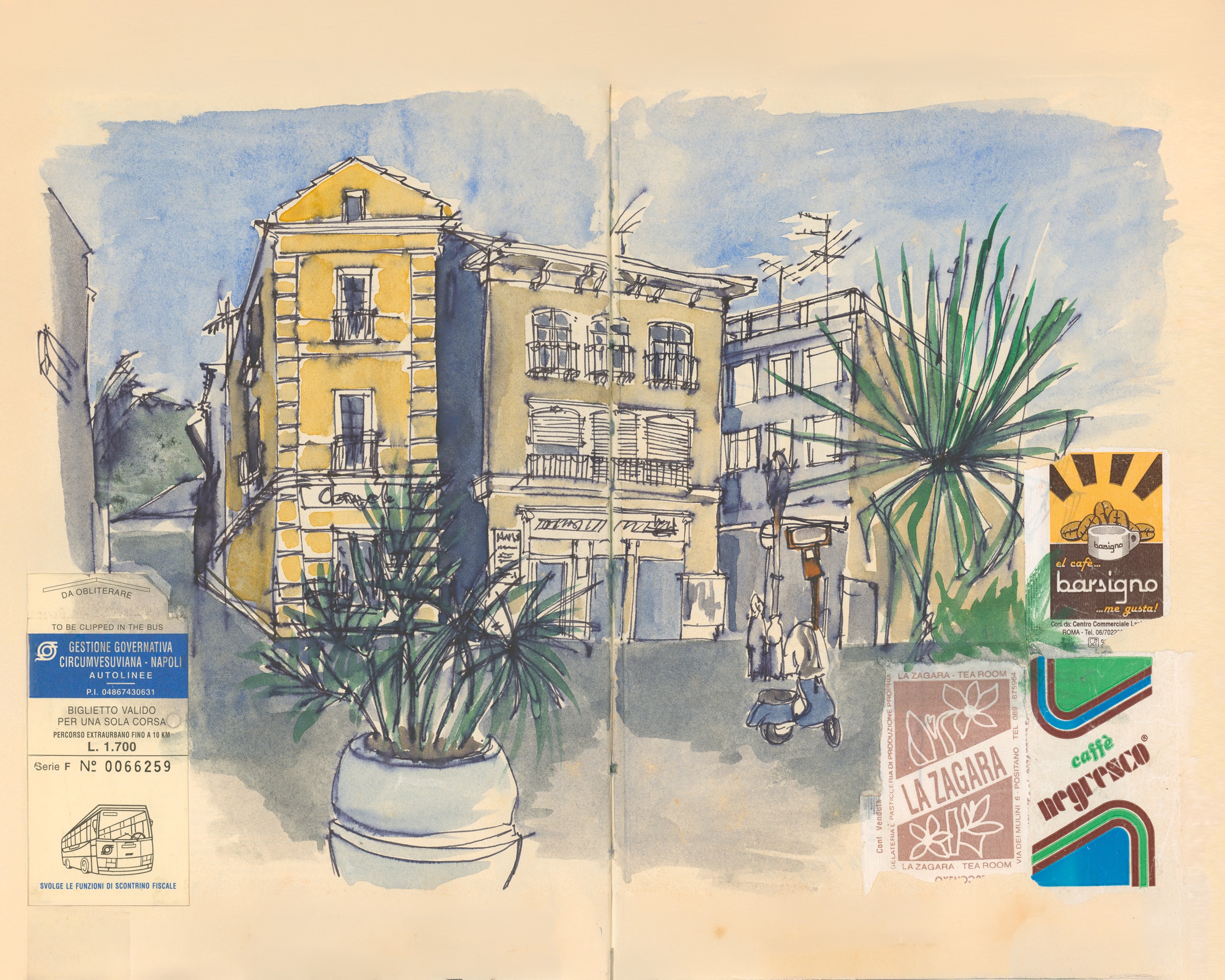 Watercolour and ink drawing of Piazza Saint Antonio, Sorrento, Italy — yellow building, palm tree, collaged Italian café cards and bus tickets