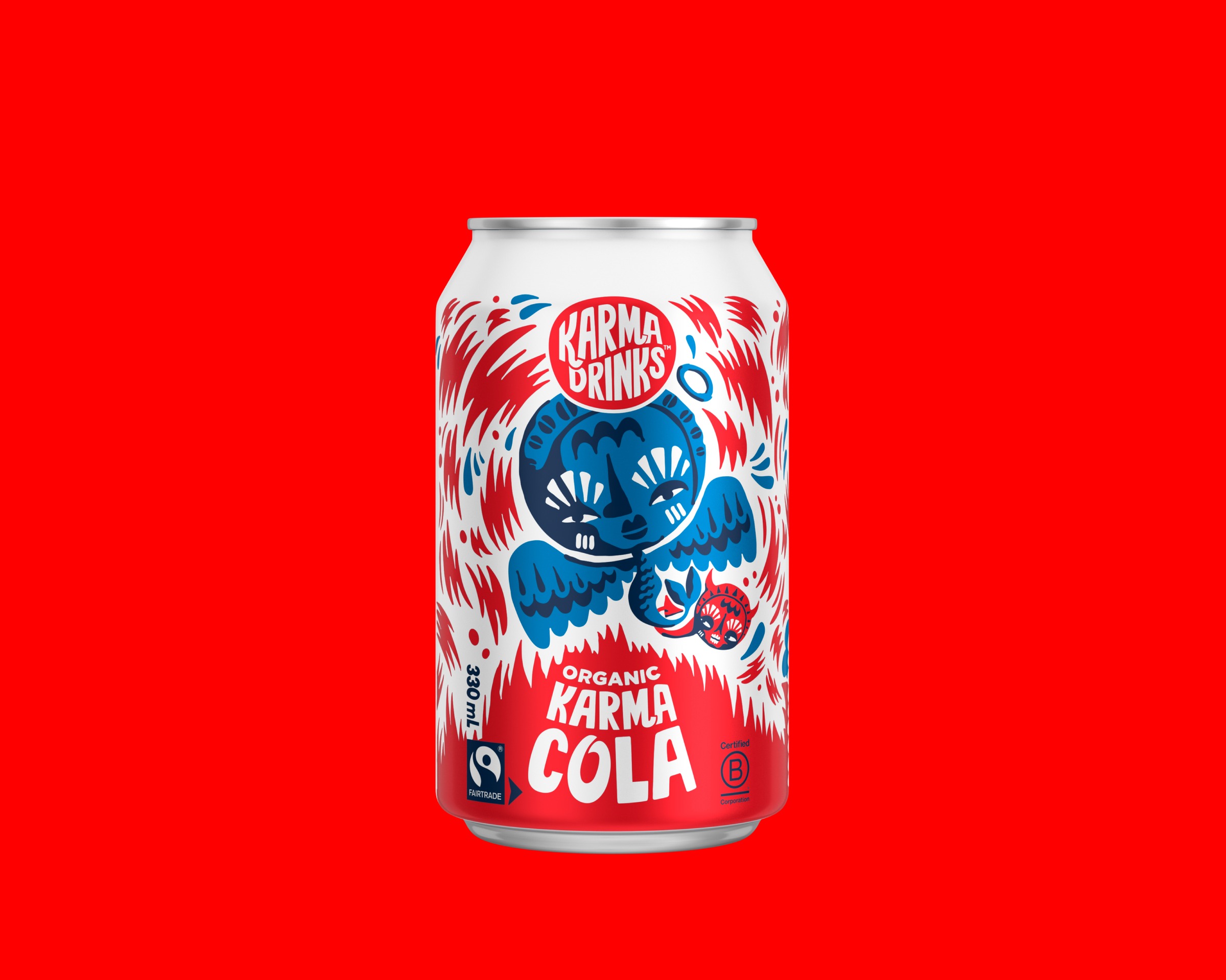 Karma Cola 330ml can — central illustration of a Mende goddess figure with bird wings in red and royal blue, on a confident red ground
