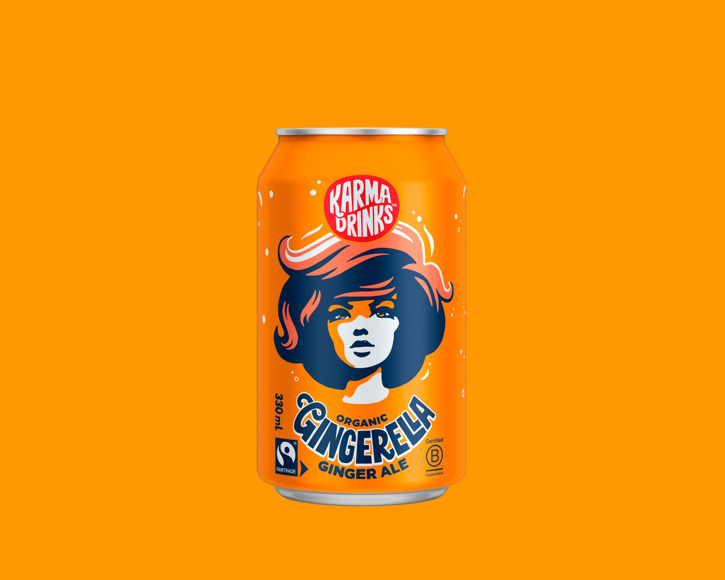 Gingerella Ginger Ale can — illustration of a woman with flame-orange hair on an orange ground