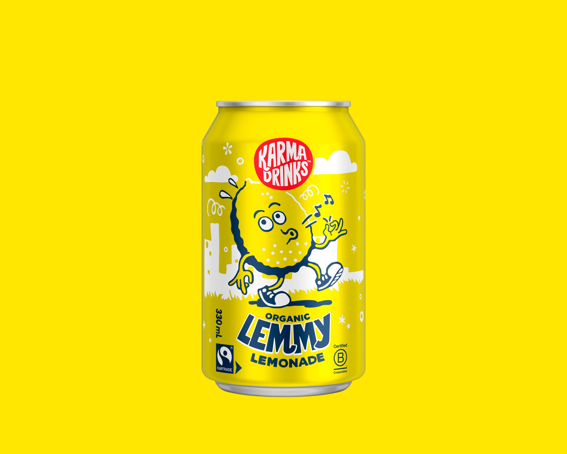 Lemmy Lemonade can — illustration of a lemon character with legs and arms, walking through a daydream cityscape, on a yellow ground
