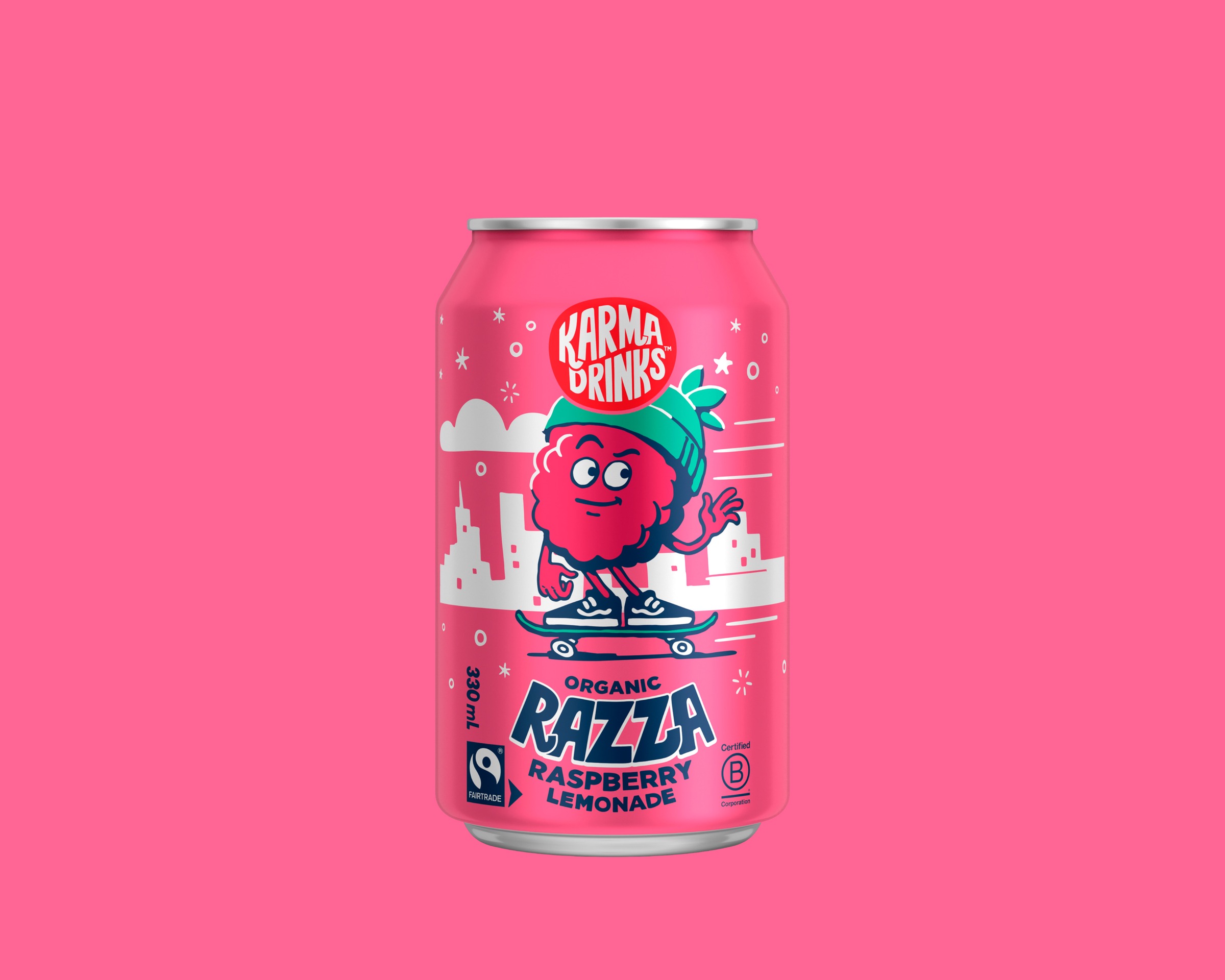 Razza Raspberry Lemonade can — illustration of a raspberry character in a green beanie on a skateboard, on a pink ground