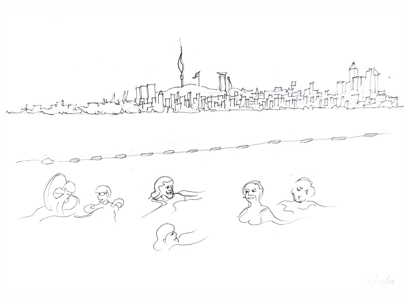 Bathers Istanbul — ink and watercolour drawing