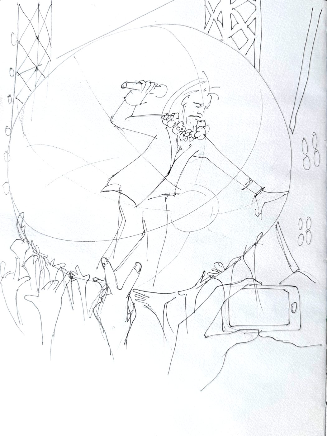 Wayne Coyne, The Flaming Lips performing at Somerset House, London — ink and watercolour drawing