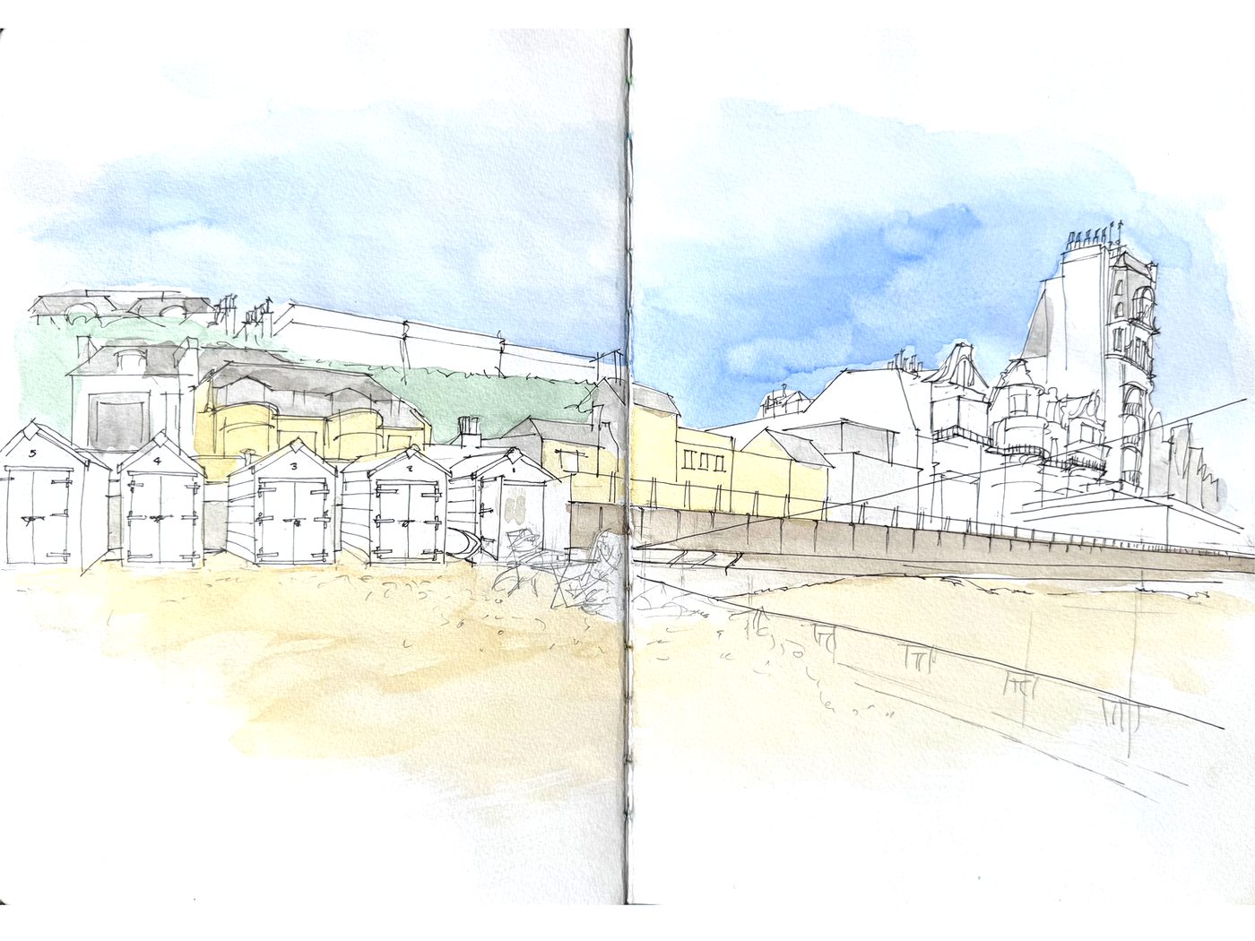Beach Huts — ink and watercolour drawing
