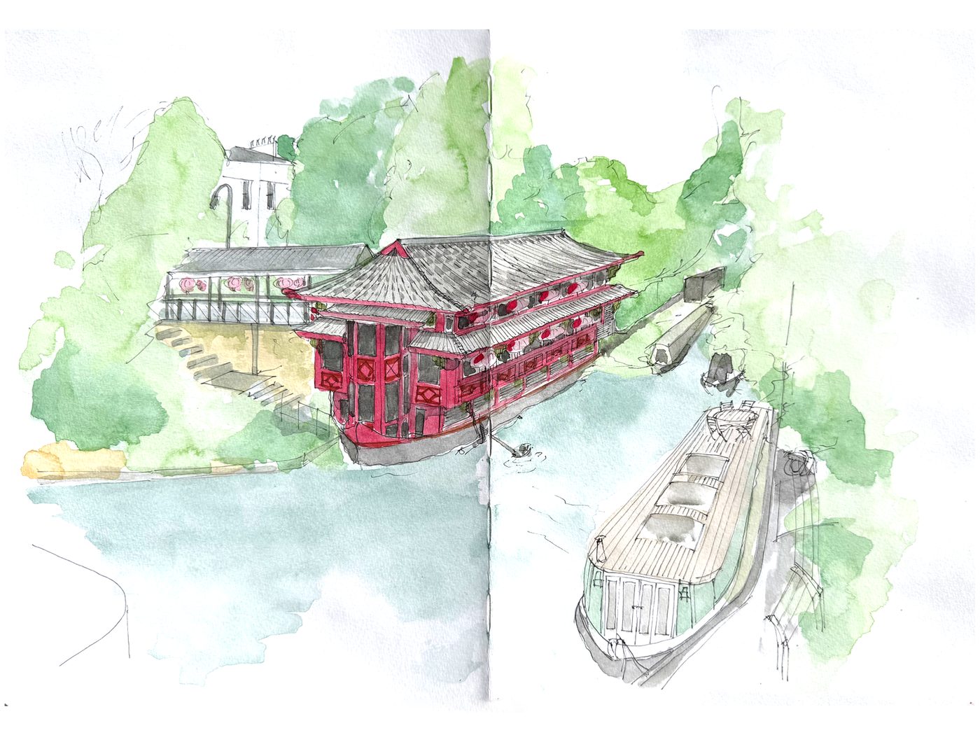 Feng Shang Princess Floating Restaurant Regents Canal — ink and watercolour drawing