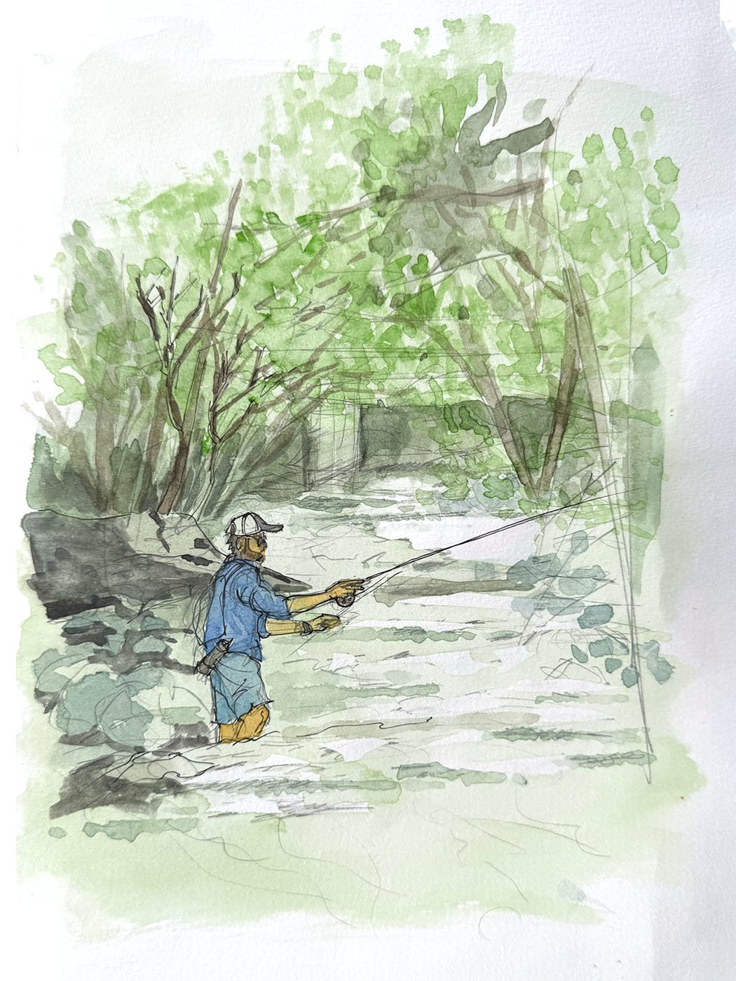 Fishing, l’Arve, Chamonix — ink and watercolour drawing