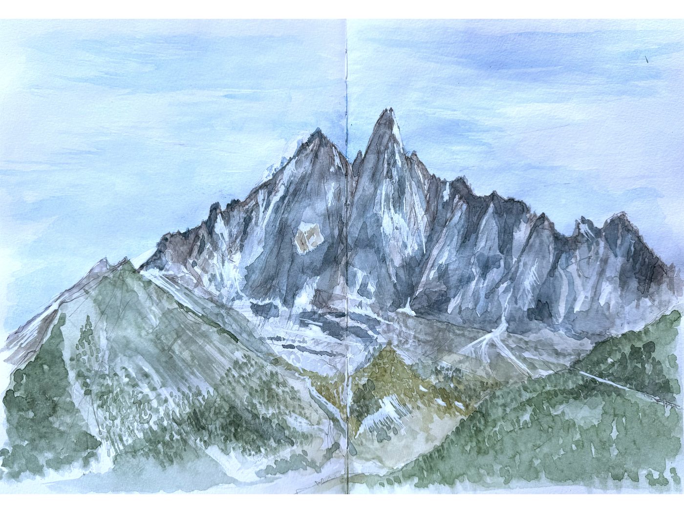 Aiguille du Dru from Chalet de la Floria, Chamonix — ink and watercolour drawing