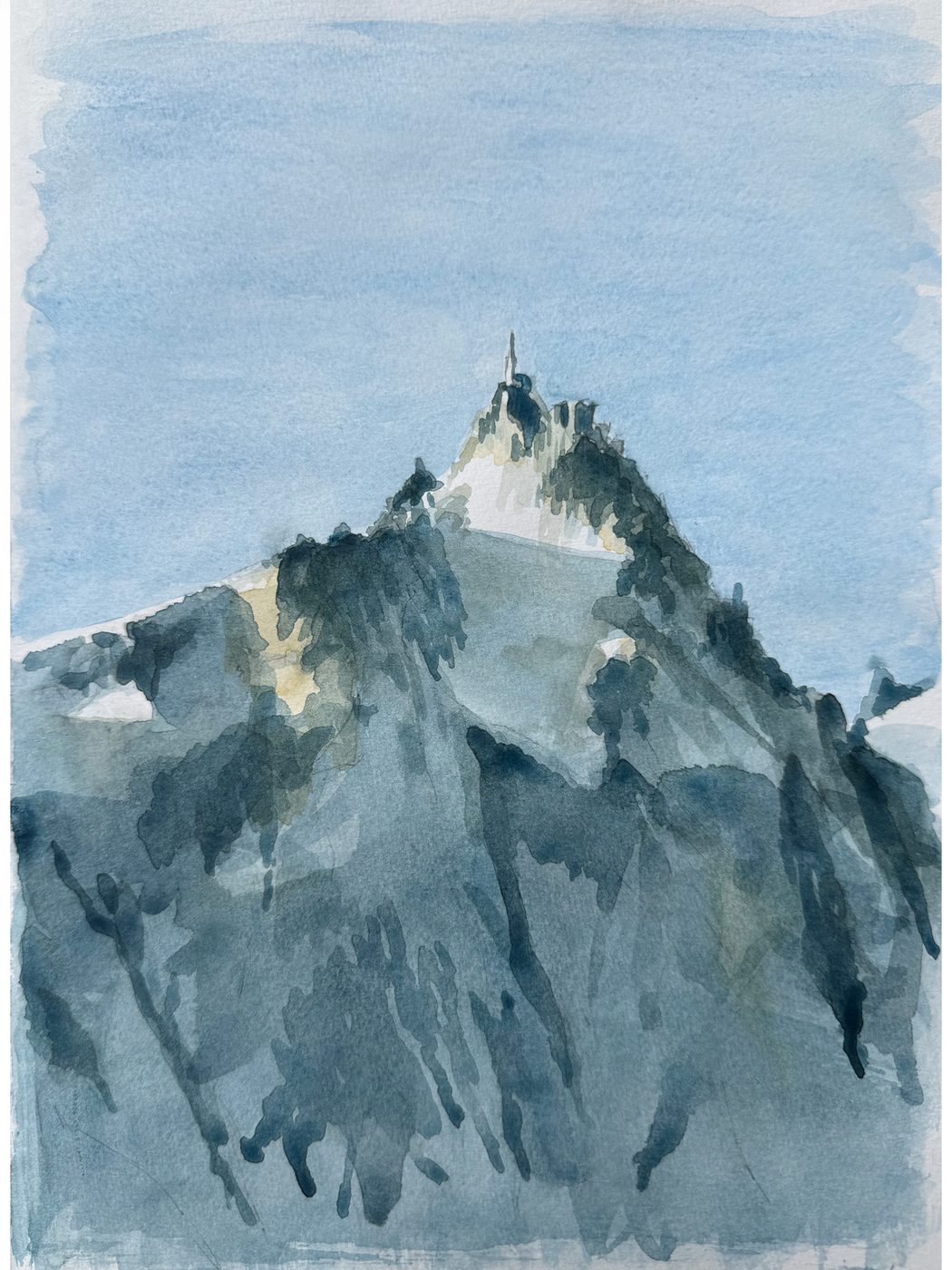 Aiguille du Midi from Les Tines, Chamonix — ink and watercolour drawing