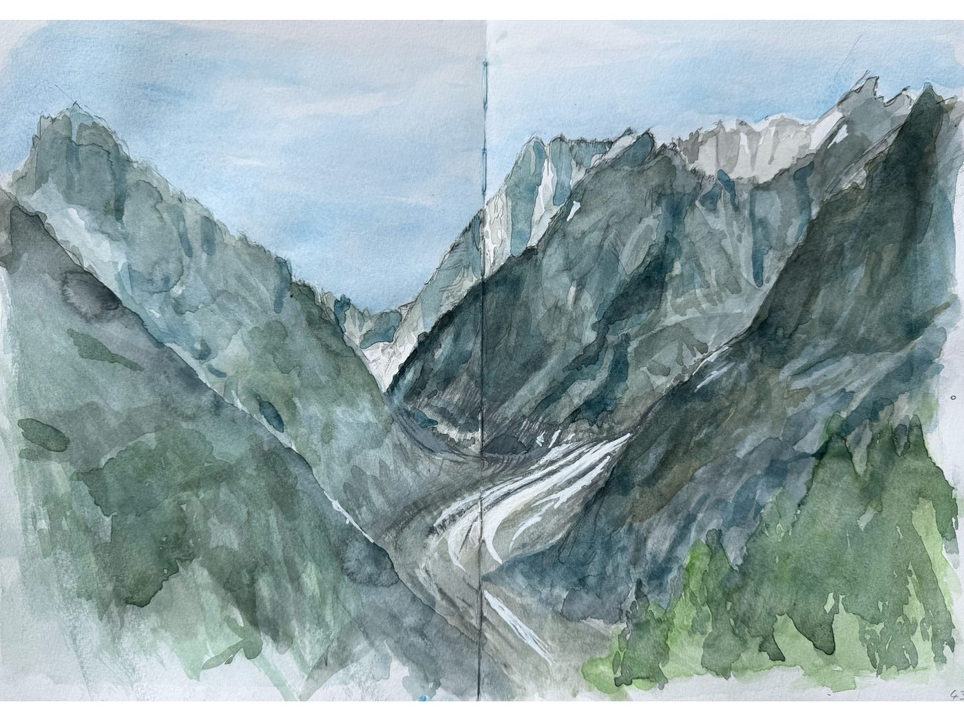 Vallée Blanche and Mer de Glace from Montenvers trail Chamonix — ink and watercolour drawing