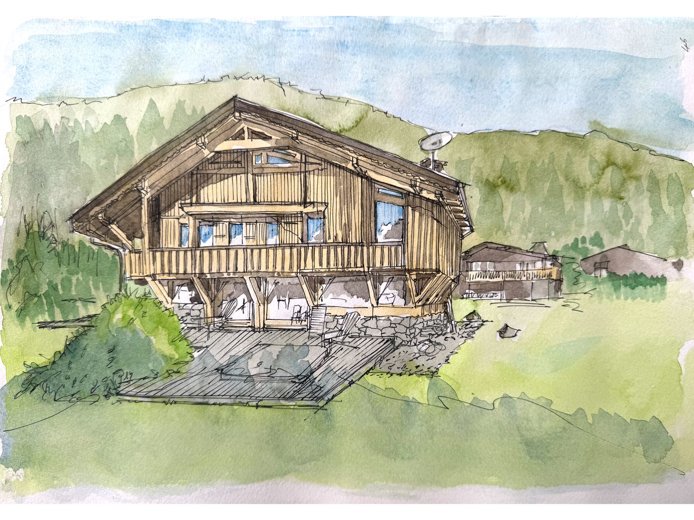 Chalet in Les Tines, Chamonix — ink and watercolour drawing