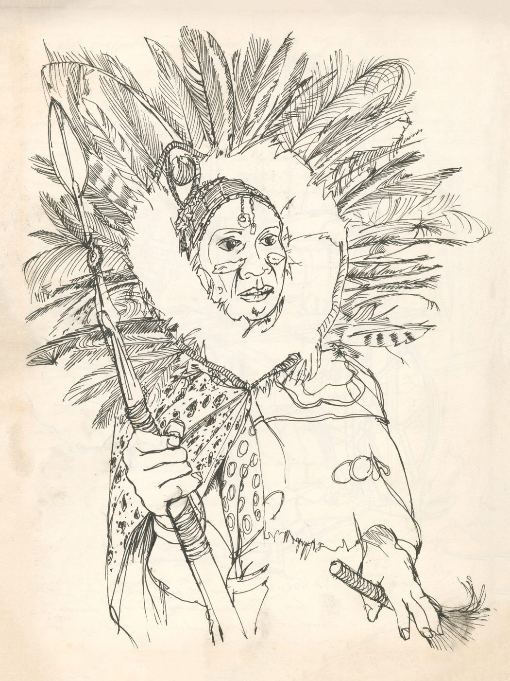 Ink drawing of Chief Charles Kamau in ceremonial garb, Kenya