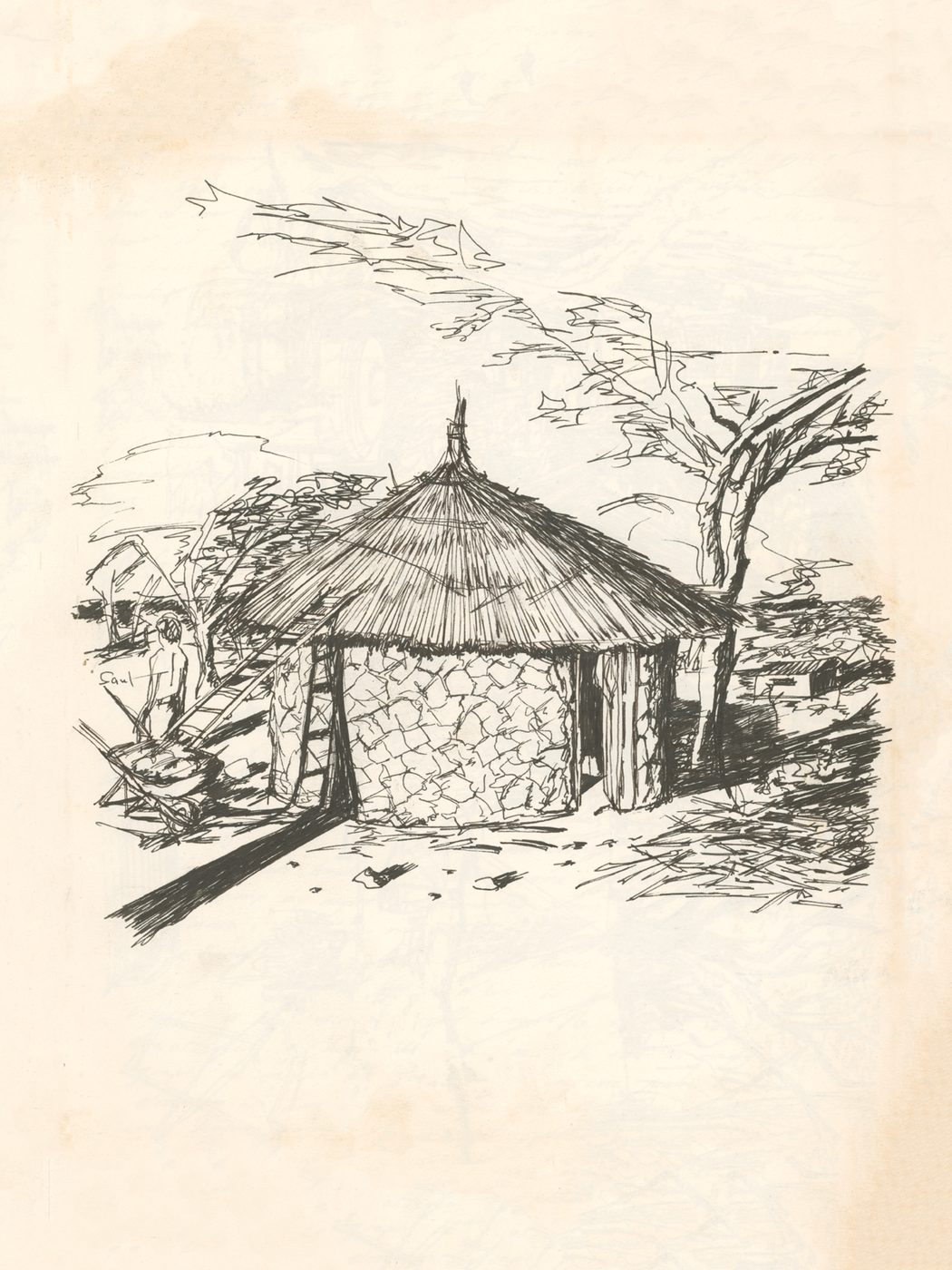Ink drawing of a Masai dwelling, Kenya