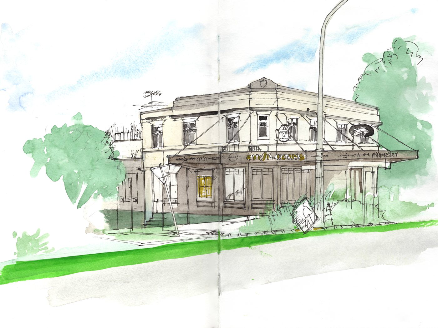 Ink and watercolour drawing — Gypsy Tea Rooms
