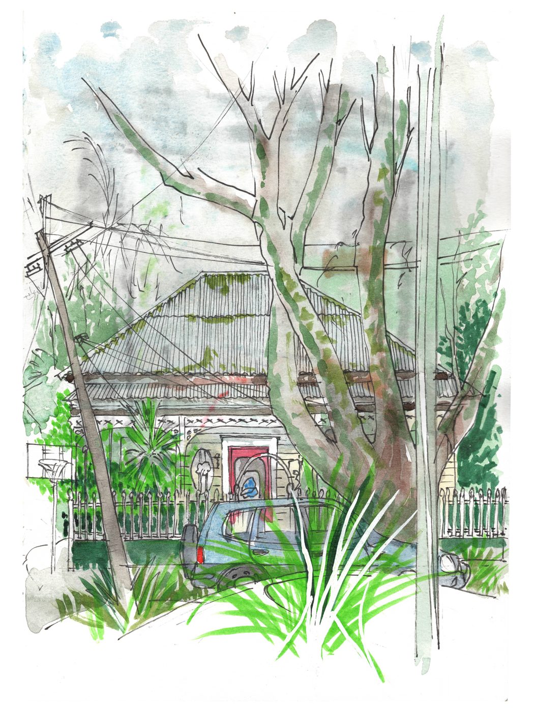 Javier’s house — ink and watercolour drawing
