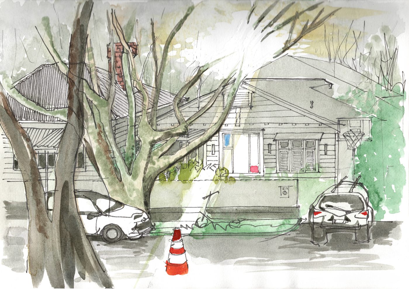 Jonathan & Rachel’s house — ink and watercolour drawing
