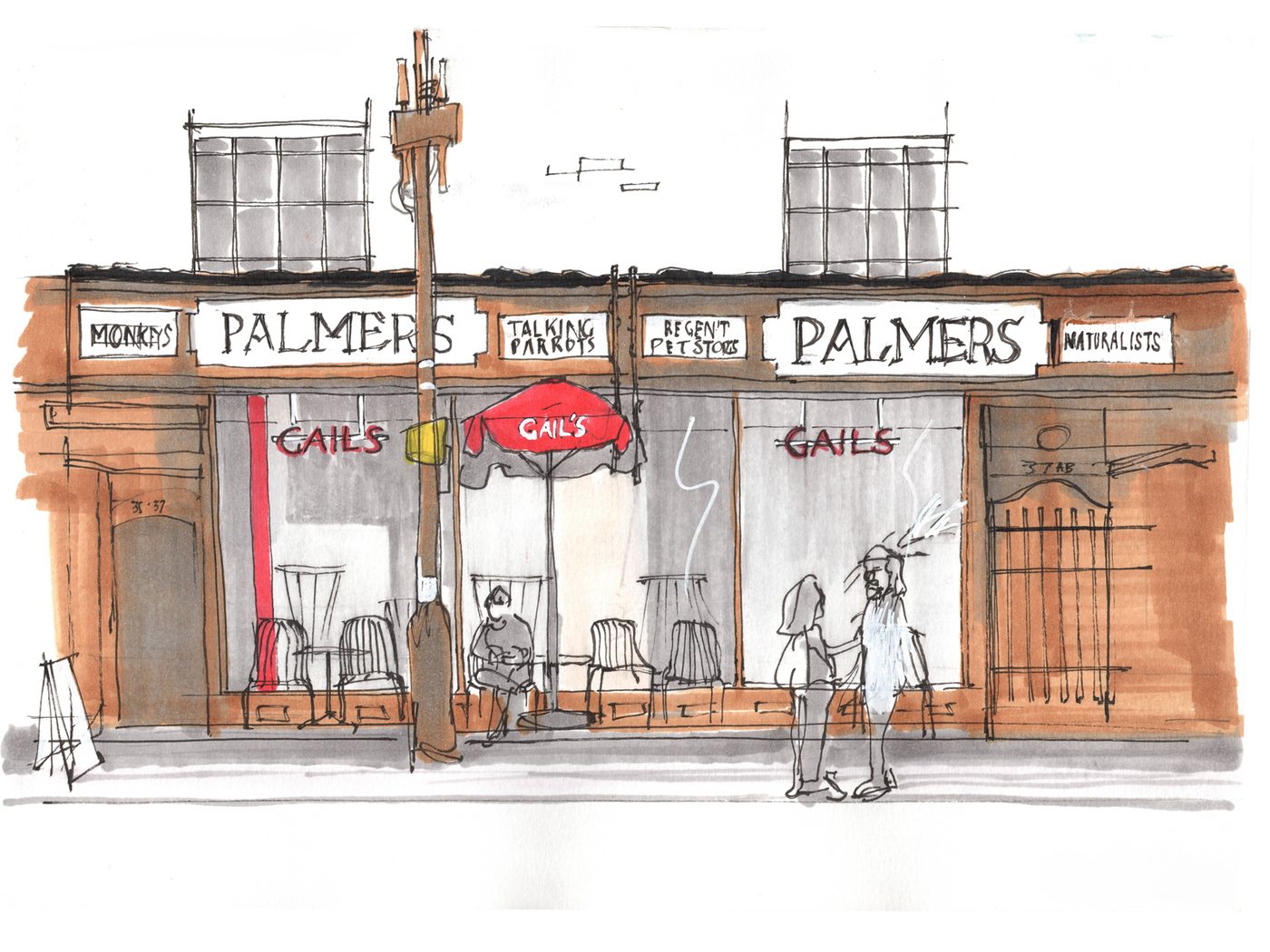 Gail’s née Palmers Camden Parkway — ink and watercolour drawing
