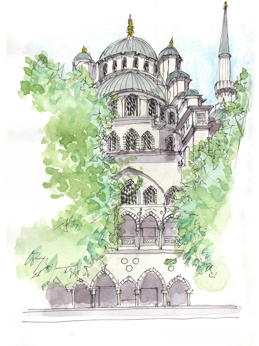 The New Mosque — ink and watercolour drawing