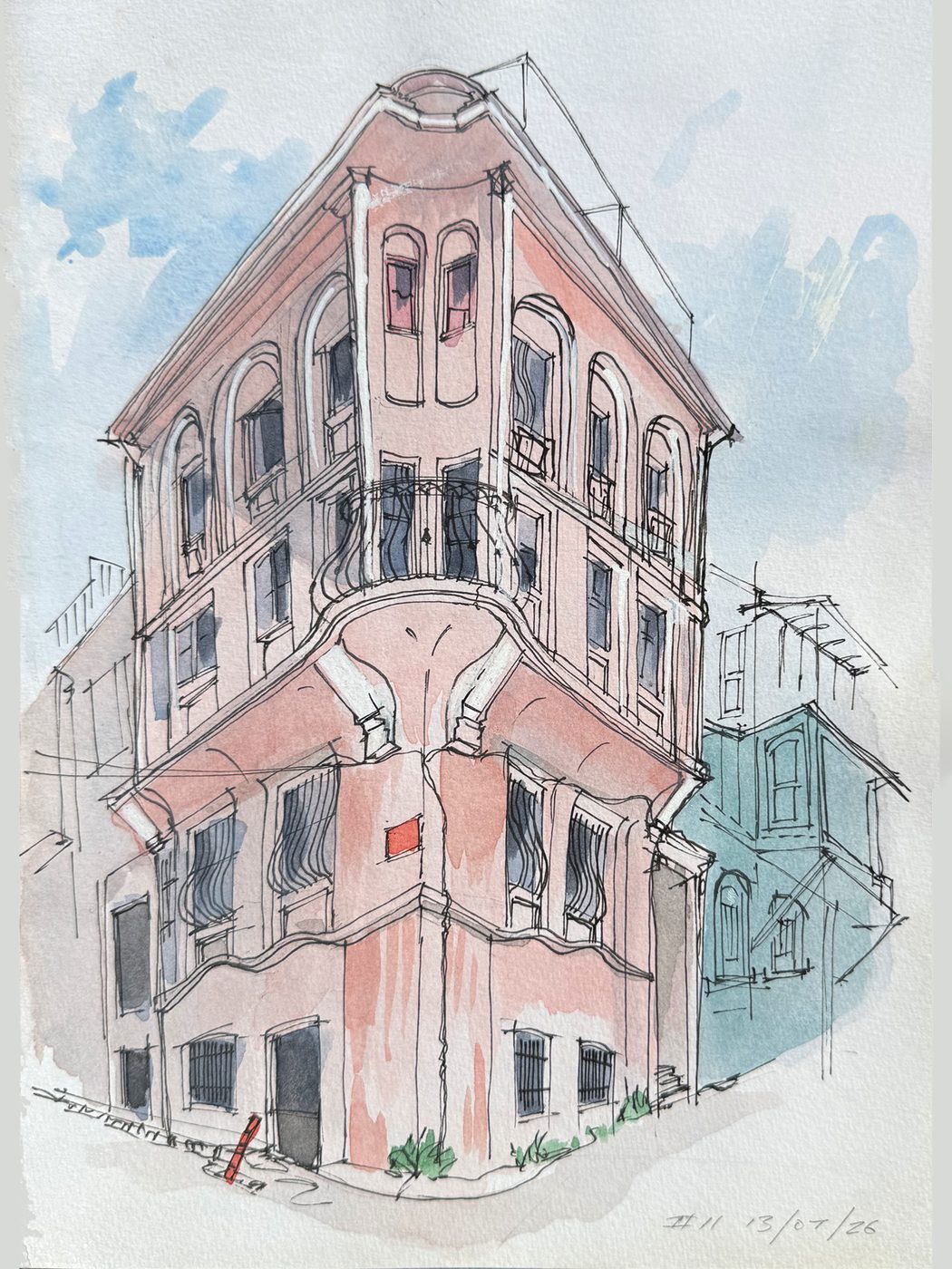 Balat’s Coloured Houses — ink and watercolour drawing