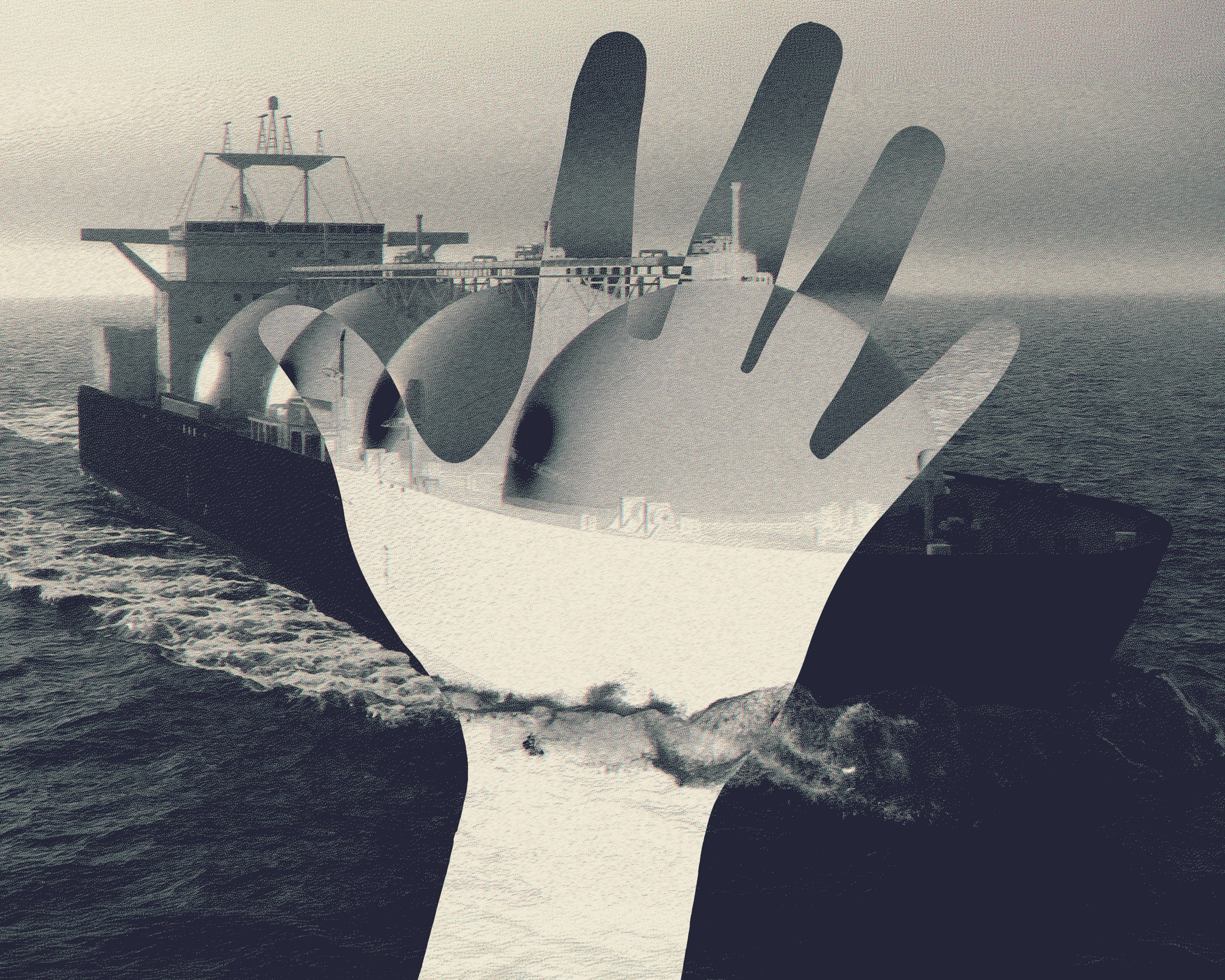 An ink-and-cream collage of an open hand spliced into an LNG carrier at sea.