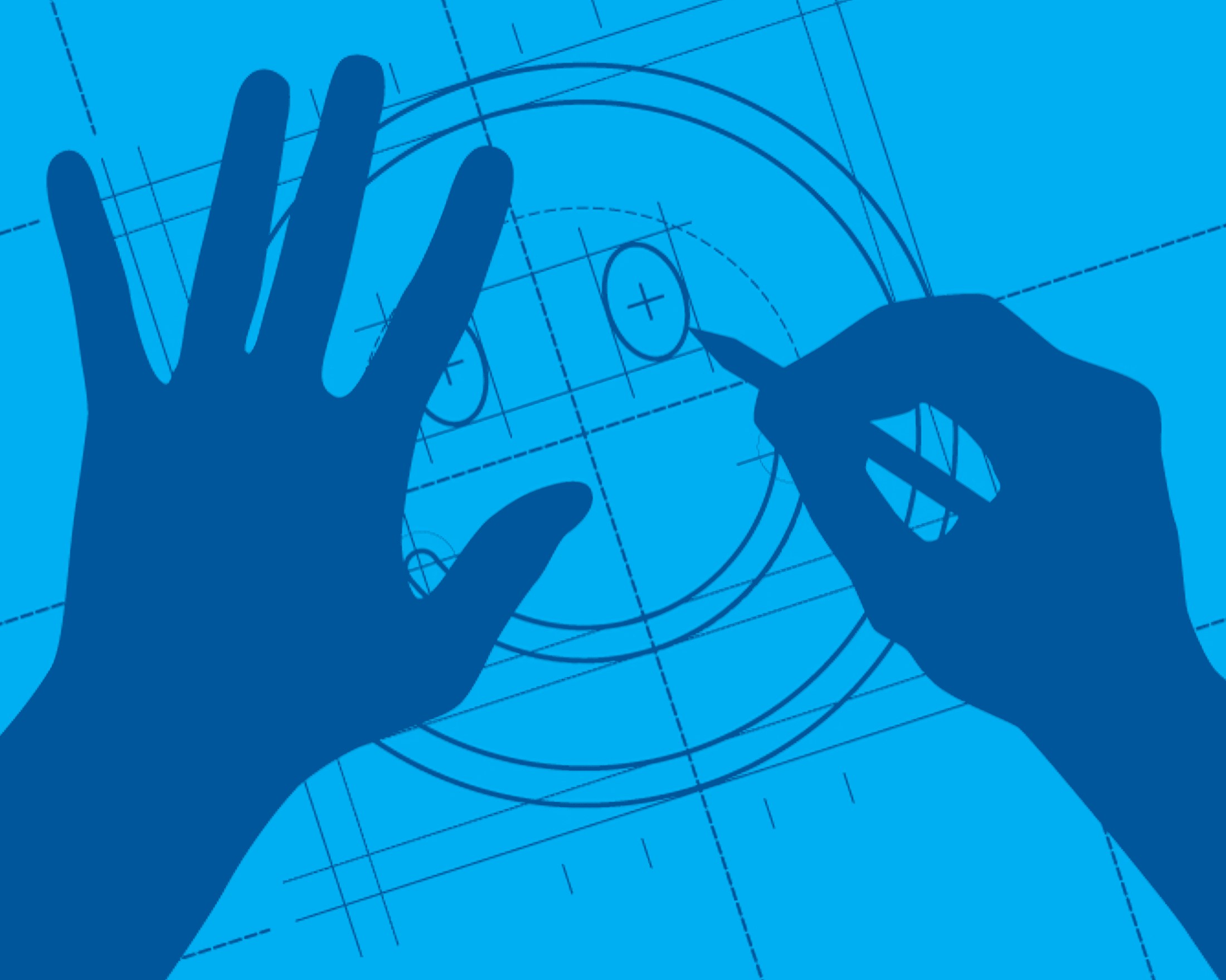 Two dark-blue silhouetted hands — one open palm, one drawing with a pen — over a cyan drafting blueprint of concentric circles, crosshairs and construction lines.